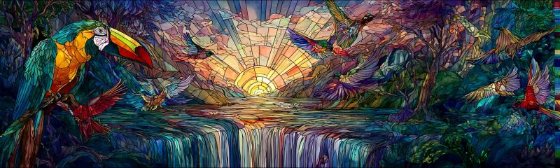 Bird birds colorful composition design drawing fantasy forest mosaic nature painting pattern sun vibrant, stained-glass style scene of a tropical rainforest. In the foreground, a large, colorful toucan with a bright red and yellow beak perches on a branch. The toucan is surrounded by various other birds, some flying and others perched on branches. The background features a waterfall cascading into a serene body of water, with lush, green trees and foliage framing the scene. The sky is a blend of warm, sunset colors, with rays of light filtering through the trees, creating a magical, almost ethereal atmosphere. The entire scene is rendered in a mosaic of colorful glass pieces, giving it a dreamlike quality.