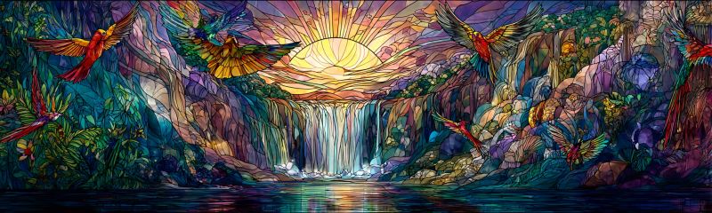 Cascade soleil mosaique lever eau Scène vibrante de style vitrail représentant une cascade se déversant dans un plan d'eau serein. La cascade est entourée d'une végétation tropicale luxuriante, avec diverses plantes et fleurs ajoutant à la richesse de l'environnement. Au-dessus de la cascade, le soleil est représenté dans un éclat de couleurs radieuses, avec des rayons de lumière se répandant dans un spectre de teintes chaudes. Plusieurs oiseaux colorés, au plumage brillant, volent autour de la cascade et du soleil, ajoutant un élément dynamique et vivant à la scène. La composition globale est riche en couleurs et en détails, avec un mélange harmonieux d'éléments naturels et de design artistique.