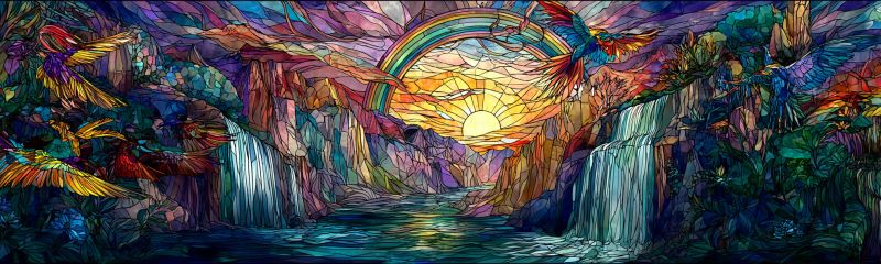 Beautiful bird birds bridge colorful design fantasy flower forest glass green mosaic nature painting vibrant, stained-glass window scene. In the center, a radiant sun is setting, casting a warm, golden light across the landscape. A large, multicolored rainbow arches gracefully above the sun, adding a magical touch to the scene. On either side of the rainbow, two majestic birds with colorful plumage are soaring through the air, their wings spread wide. The background features a lush, mountainous terrain with a waterfall cascading down from the cliffs. The waterfall is a mix of clear and rainbow-tinted water, reflecting the colors of the rainbow above. The surrounding area is filled with a variety of plants and trees, adding to the lush, vibrant atmosphere of the scene.