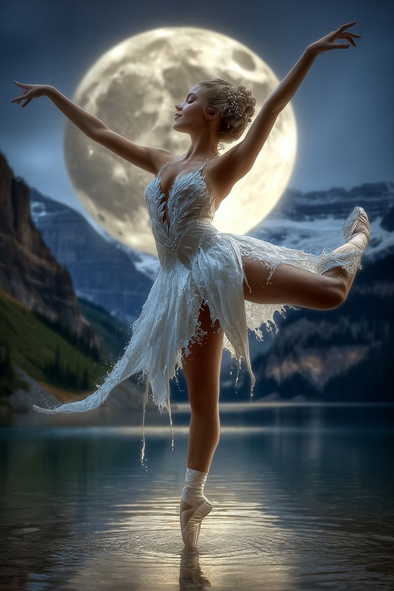 Ballet danseur performance eau lac montagnes lune nuit robe grace fantaisie imagination inspiration creativite beaute elegance reflexion Une ballerine se tient gracieusement sur la surface d'un lac calme, ses bras étendus dans une pose de ballet. Elle porte un tutu blanc et des chaussures de ballet, avec ses cheveux attachés en arrière. La scène se déroule sur fond d'une pleine lune se levant au-dessus d'un paysage montagneux, avec la lumière de la lune se reflétant sur l'eau. Le ciel est clair et bleu, ajoutant à l'atmosphère sereine et magique de l'image.