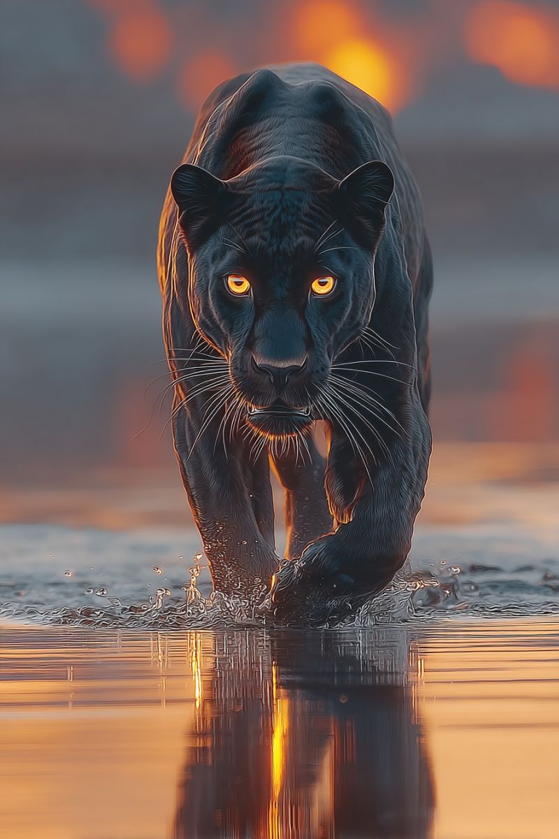Wildlife predator panther painting drawing sketch concept poster wall decor home office nursery A black panther is walking through shallow water, its fur glistening with droplets. The panther's eyes glow with a bright yellow hue, reflecting the setting sun. Its ears are pointed forward, and its tail is raised slightly. The panther's reflection is visible in the water, mirroring its powerful form. The background is a blend of warm orange and pink hues, suggesting a sunset or sunrise. The scene is set in a natural environment, possibly near a river or lake.