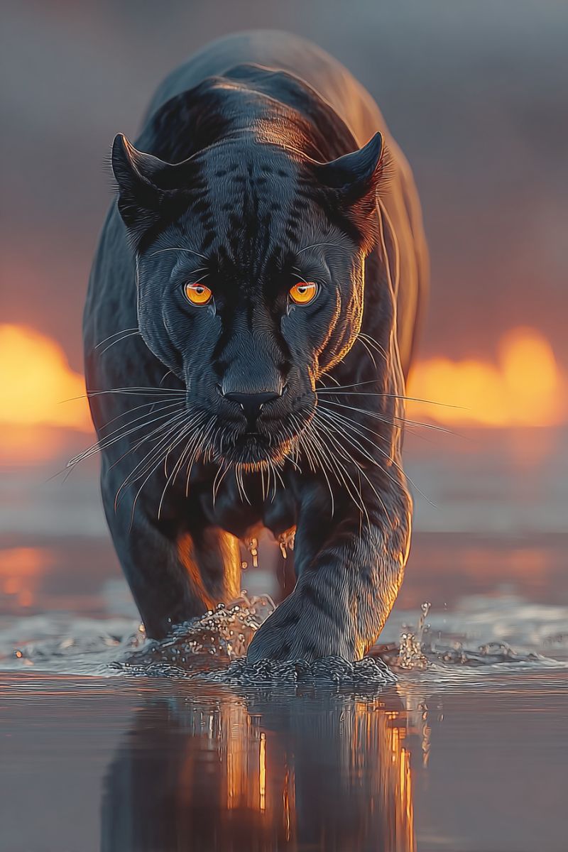Faune predateur panthere Une panthère noire aux yeux jaunes vifs marche dans l'eau peu profonde. La fourrure de la panthère est lisse et brillante, reflétant la lumière. Ses oreilles sont pointues et ses moustaches sont longues et blanches. Le corps de la panthère est musclé et sa queue est longue et noire. L'eau est calme et le reflet de la panthère est visible dans l'eau. L'arrière-plan est flou, avec une lueur chaude et orangée.