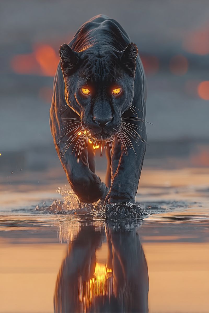 Wildlife predator nature animal panther big cat A black panther is walking through shallow water, its fur glistening with droplets. The panther's eyes glow with a bright yellow hue, reflecting the light. Its ears are pointed forward, and its whiskers are visible. The panther's reflection is visible in the water, and the background is blurry with a warm, orange glow.