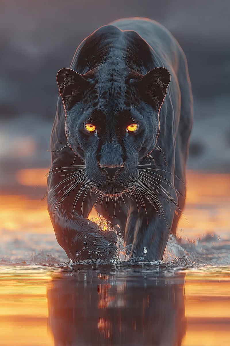 Wildlife predator feline mammal nature animal safari jungle conservation panther big cat endangered species sanctuary reserve habitat protection manag A black panther is walking through shallow water, its fur glistening with droplets. The panther's eyes are glowing yellow, reflecting the light, and its ears are perked up. The panther's body is muscular, and its tail is flicking behind it. The water is calm, and the reflection of the panther is visible on the water's surface. The background is blurry, with a hint of a sunset or sunrise.