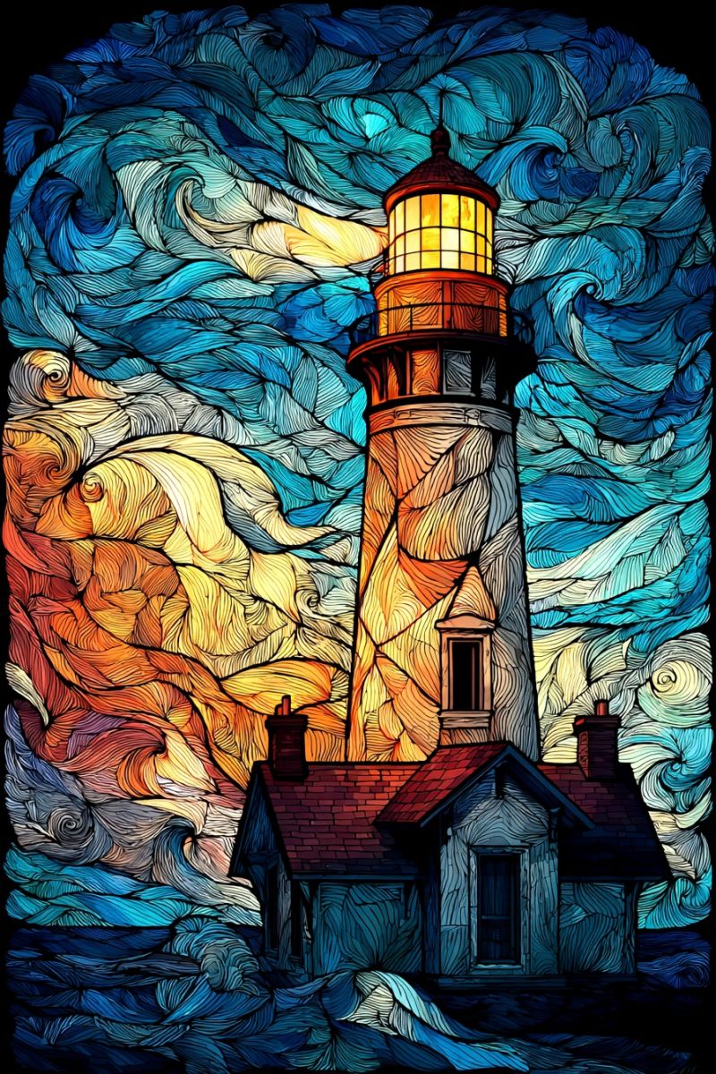 Lighthouse painting mosaic colorful waves sunset architecture building structure tower beam reflection water ocean sky lighthouse standing tall against a back of swirling, abstract patterns. The lighthouse is depicted in a vibrant, mosaic-like style, with its tower and light glowing brightly. The background is a mix of deep blues, yellows, and reds, creating a dynamic and almost otherworldly atmosphere. The lighthouse's structure is detailed, with visible windows and a door, and it is surrounded by waves that seem to be made of the same colorful, swirling patterns. The overall effect is one of motion and energy, as if the lighthouse is standing at the center of a storm.