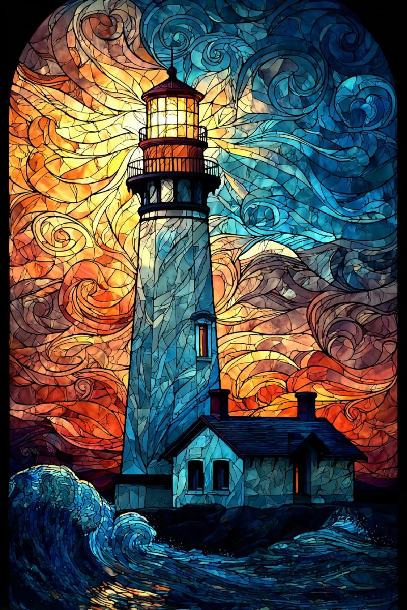 Lighthouse mosaic painting architecture building structure tower beam reflection waves ocean sea sky sunset colorful pattern stained glass lighthouse standing tall against a back of swirling, vibrant colors. The lighthouse is depicted in a mosaic style, with its tower and lantern glowing brightly. The background is a dynamic mix of blues, oranges, and yellows, creating a sunset-like effect. The foreground shows a wave crashing against the rocks, adding a sense of motion and energy to the scene. The lighthouse and its surroundings are framed by a dark border, emphasizing the vivid colors and intricate details of the mosaic.