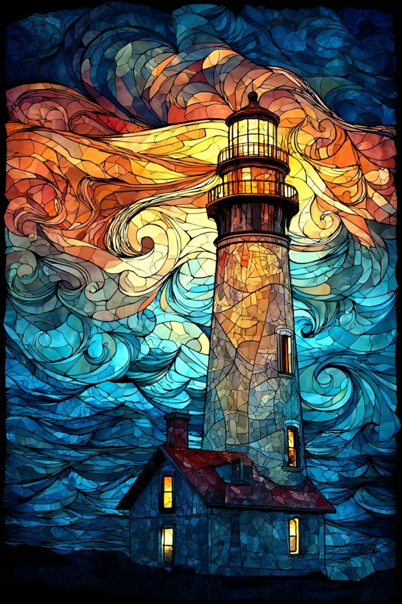 Phare mosaique architecture batiment structure tour faisceau vagues ocean mer eau ciel nuit sombre Phare représenté dans un style mosaïque, avec des couleurs vives. Le phare se dresse avec une tour cylindrique et une lanterne au sommet. La tour est entourée d'une mosaïque d'ondes bleues, orange et jaunes, créant un effet dynamique et tourbillonnant. Les vagues sont représentées dans un motif tourbillonnant, donnant l'impression de mouvement. Le phare est situé sur une falaise rocheuse, avec une petite maison à sa base. La maison a un toit rouge et des fenêtres jaunes, qui sont éclairées, ajoutant à la chaleur de la scène. Le fond est d'un bleu profond, contrastant avec les couleurs vives du phare et des vagues.