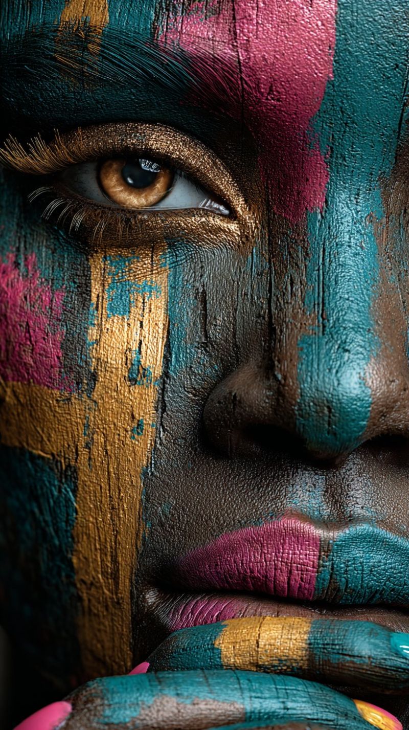 Texture design beaute maquillage oeil levre joue oreille Gros plan du visage d'une personne, fortement peint avec des couleurs vives. Le visage est orné d'un mélange de peinture bleue, rose et dorée, créant un effet saisissant et artistique. La peinture est appliquée de manière à ressembler à des coups de pinceau, donnant au visage une apparence texturée et dynamique. Les yeux de la personne sont bien mis en valeur, avec la peinture s'étendant jusqu'aux cils et aux sourcils, ajoutant à l'effet dramatique global. Les lèvres sont peintes d'un rose profond, contrastant avec les autres teintes du visage. La main de la personne, également peinte dans des couleurs similaires, est visible, tenant le visage avec un doigt peint en rose. La composition globale est artistique et visuellement captivante, mettant en valeur la beauté de l'art corporel.