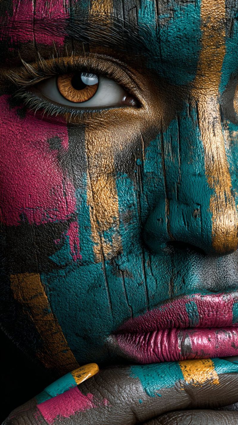 Painting texture pattern design beauty skin eye lips nose cheek ear brush stroke Gros plan du visage d'une personne, fortement peint avec des couleurs vives. Le visage est orné d'un mélange de peintures rose, bleue, jaune et dorée, créant un effet saisissant et artistique. La peinture est appliquée de manière à ressembler à la texture du bois, ajoutant de la profondeur et de la dimension à l'oeuvre. Les yeux de la personne sont bien mis en valeur, avec des iris d'un brun profond, contrastant avec la peinture colorée. Les lèvres sont peintes d'un rose audacieux, et l'effet global est à la fois fascinant et surréaliste. L'image capture un moment d'expression artistique, mettant en valeur la beauté et la créativité de la peinture corporelle