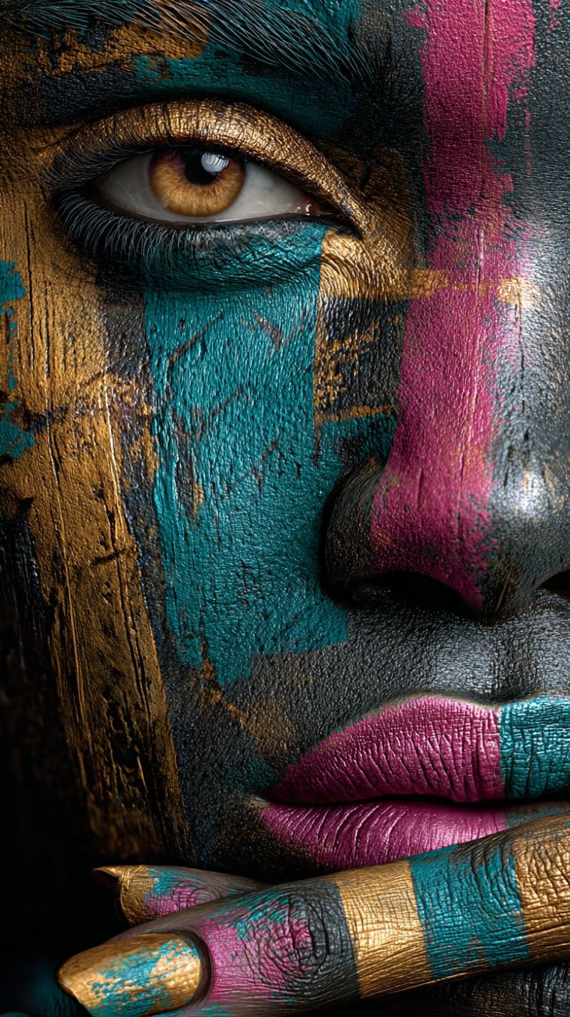 Texture design creatif beaute maquillage oeil joue oreille peau Gros plan d'un visage de personne, fortement peint avec des couleurs vives. Le visage est orné d'un mélange de teintes or, bleu-vert et rose, créant un effet saisissant et artistique. L'oeil est proéminently affiché, avec l'iris d'un brun profond et les cils épais et sombres. Les lèvres sont peintes d'un rose audacieux, contrastant avec les couleurs environnantes. La peau semble peinte pour ressembler au bois, avec des motifs et des textures complexes. L'effet global est à la fois surréaliste et visuellement captivant, mettant en valeur le talent de l'artiste en peinture corporelle.