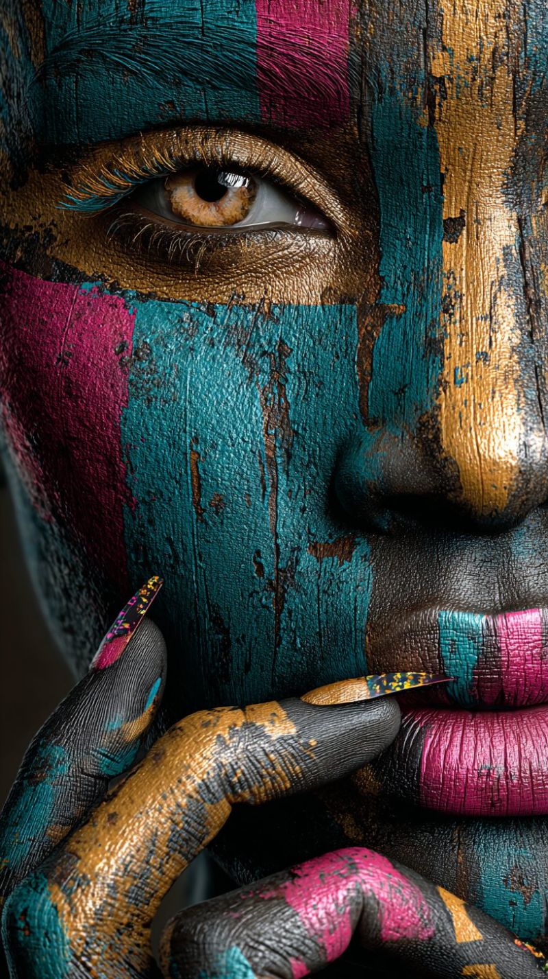 Texture design creatif beaute maquillage expression emotion visuel imagination Un portrait en gros plan du visage et des mains d'une personne, fortement peint avec des couleurs vives. Le visage est orné d'un mélange de peinture bleue, rose et dorée, créant un effet texturé, presque abstrait. Les yeux de la personne sont mis en valeur, l'un d'eux ayant une iris bleu et or saisissant. Les lèvres sont peintes d'un rose vif, et les mains sont également peintes, avec des motifs et des motifs complexes. L'effet global est artistique et visuellement saisissant, avec un accent sur l'interaction des couleurs et des textures.