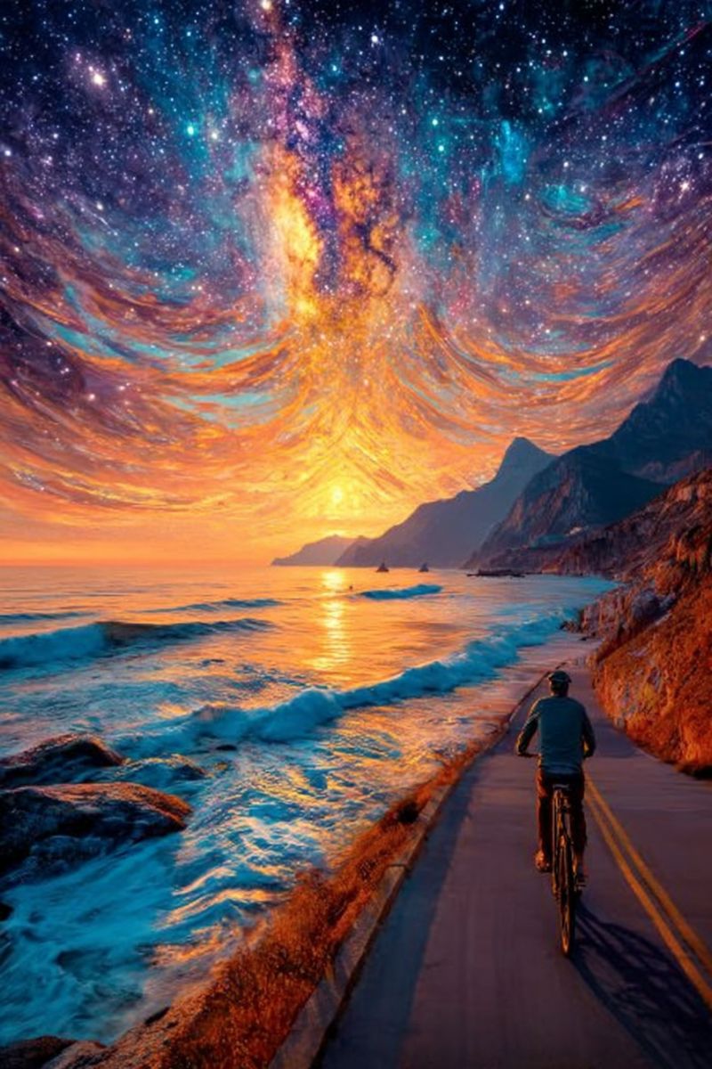 Velo cycliste cyclistes route faire rue Une personne fait du vélo sur une route près de l'océan au coucher du soleil. La route est bordée de rochers et d'herbe. L'océan est calme avec de petites vagues. Le ciel est un mélange d'orange, de jaune et de bleu avec un motif semblable à une galaxie. Des montagnes sont visibles au loin.