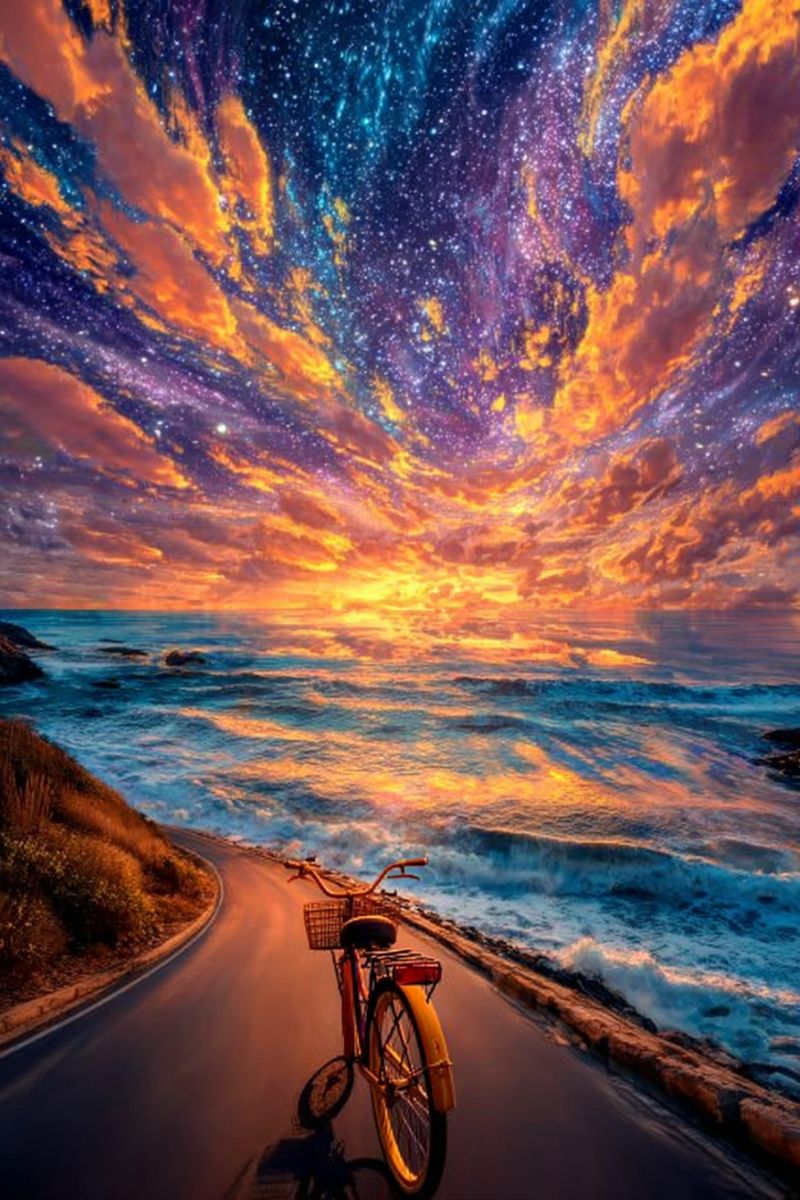 Bicycle road sea sky sunset clouds stars mountains waves horizon reflection nature travel adventure freedom beauty inspiration A bicycle is parked on the side of a road near the ocean. The road is empty, and the bicycle has a basket in front. The ocean is calm, and the waves are small. The sky is a mix of orange, pink, and blue colors, with a few stars visible. The sky looks like a galaxy, with a mix of colors and stars. The road is surrounded by grass and rocks.