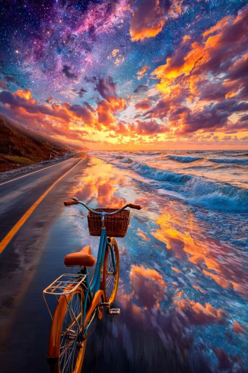 Velo plage route ciel coucher soleil nuages ocean vagues reflexion voyage aventure nature horizon soiree paisible serein liberte periple Un vélo avec un panier est garé sur une route qui semble être une plage. La route a une ligne jaune sur le côté gauche. L'ombre du vélo se reflète sur l'eau. L'eau est calme, et les vagues sont petites. Le ciel est rempli de nuages, et le soleil se couche. Le ciel est un mélange de couleurs orange, rose et bleu. La plage a une montagne au loin.