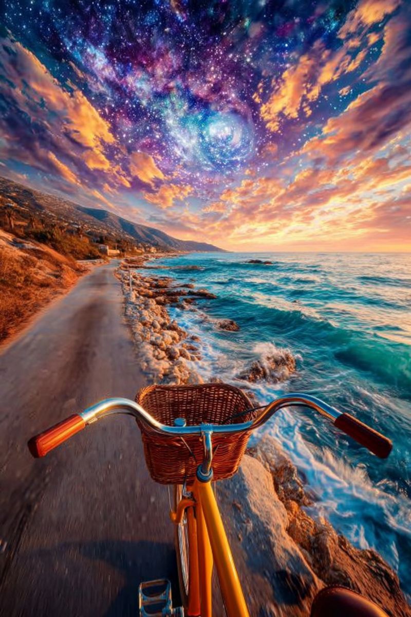 Bicycle road sea sky mountain sunset clouds stars galaxy waves rocks beach horizon travel adventure freedom exploration nature A bicycle with a wicker basket is riding along a coastal road. The road is flanked by a rocky shoreline with waves crashing against it. The sky is a stunning blend of orange and purple hues, transitioning into a night sky filled with stars and a galaxy. The scene captures a sense of motion and adventure, with the bicycle appearing to move swiftly. The ocean is calm, reflecting the vibrant colors of the sunset.
