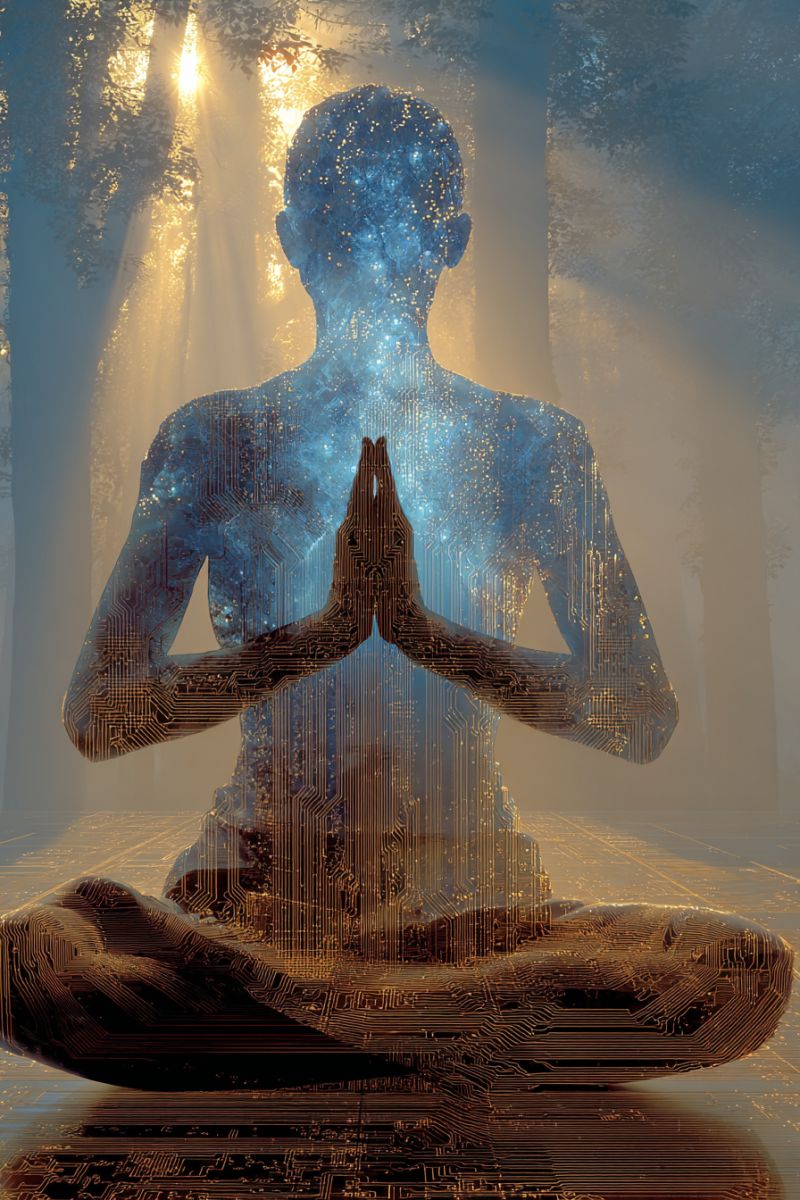 Meditation man yoga circuit forest sunlight nature spirituality mindfulness zen peace harmony balance technology integration connection awareness visu A silhouette of a person is seated in a meditative pose, with their hands pressed together in front of their chest. The person's body is overlaid with a circuit board pattern, giving the impression of a fusion between the human form and technology. The background is a blend of a forest scene with sunlight filtering through the trees and a digital grid pattern, suggesting a connection between nature and digital realms. The overall effect is one of harmony and balance between the organic and the technological.
