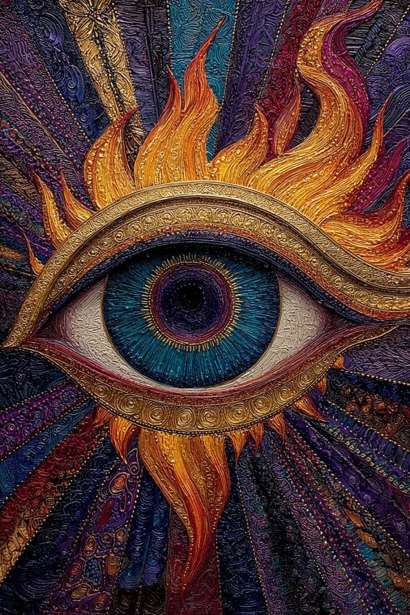 Oeil flamme feu design texture rouge bleu jaune violet geometrique Grand oeil détaillé au centre, entouré de motifs tourbillonnants vibrants. L'oeil lui-même a une iris bleu profond avec des cercles concentriques, et une pupille brun doré. L'oeil est encadré par un bord doré et ornementé avec des dessins complexes. Derrière l'oeil, il y a des motifs ressemblant à des flammes, dans des nuances d'orange, de jaune et de rouge, créant un arrière-plan dynamique et quelque peu chaotique. La composition globale est riche en couleurs et en textures, avec un mélange de zones lisses et texturées, donnant à l'image une sensation tridimensionnelle.