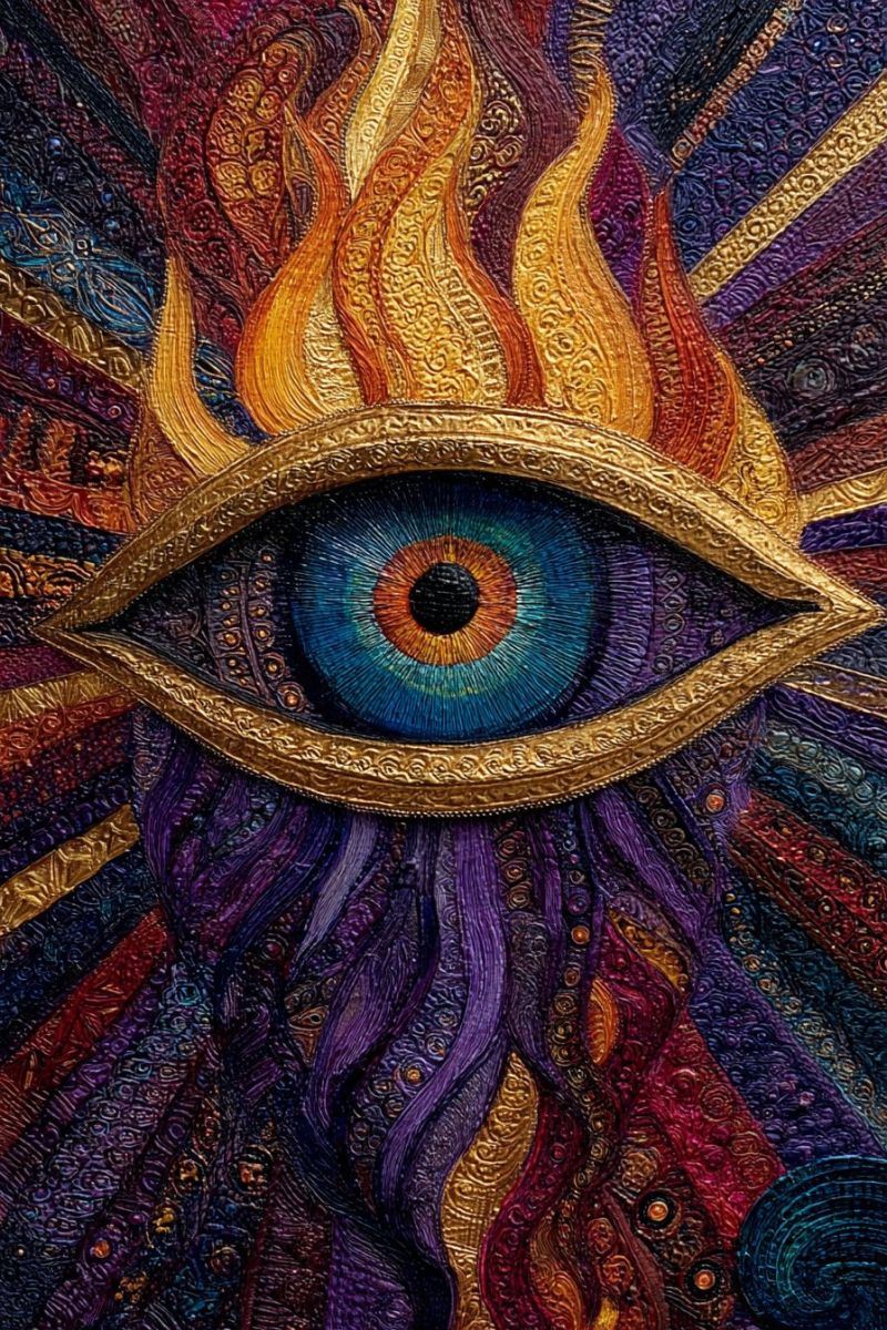 Yeux flammes violet rouge bleu orange jaune design feu geometrique eclat Grand oeil détaillé au centre, entouré d'un cadre doré. L'oeil lui-même a une iris d'un bleu profond avec des cercles concentriques de bleu, jaune et orange, et une pupille sombre. Au-dessus de l'oeil, il y a des flammes vibrantes et ardentes dans des nuances de jaune, orange et rouge, qui semblent émaner de l'oeil. Le fond est une tapisserie complexe de motifs tourbillonnants en violets, bleus et rouges profonds, avec des designs complexes qui donnent un sentiment de profondeur et de mouvement. La composition globale est riche en couleurs et en textures, avec une qualité mystique et quelque peu surréaliste.