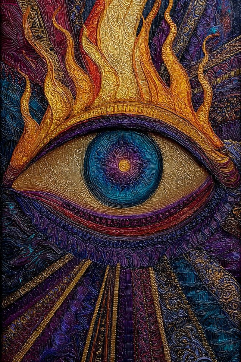 Eye flames crown gold blue painting fire pattern texture design colorful geometric mystical fantasy Grand oeil détaillé au centre, entouré de couleurs vibrantes et tourbillonnantes. L'oeil lui-même a une iris bleu profond avec des cercles concentriques, et une pupille jaune. L'oeil est encadré par des vrilles dorées semblables à des flammes qui s'enroulent et se tordent autour de lui, donnant l'impression du feu. Le fond est une riche tapisserie de violets, bleus et ors, avec des motifs et des textures complexes qui ajoutent de la profondeur et du mouvement à l'oeuvre. L'effet global est à la fois mystique et dynamique, l'oeil apparaissant comme fixant intensément le spectateur