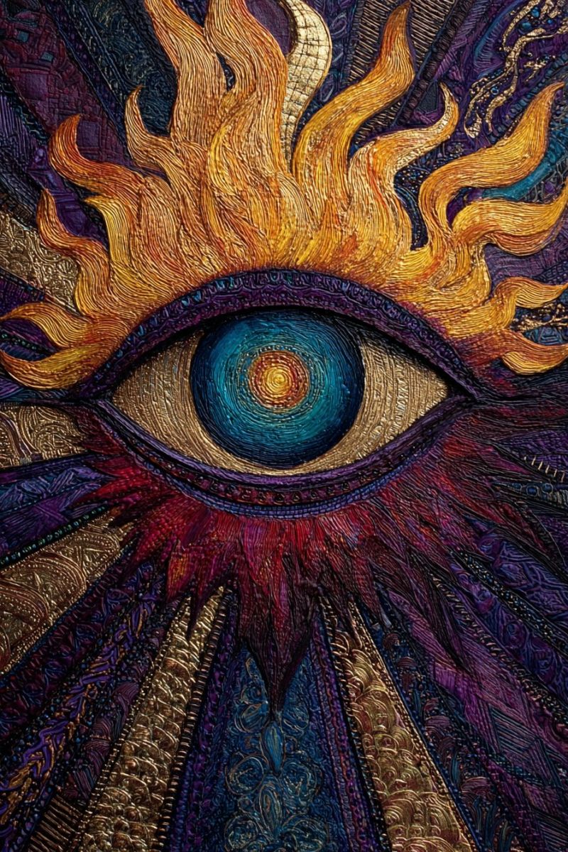 Oeil feu texture design flamme rouge bleu jaune violet Grand oeil détaillé au centre, entouré de motifs vibrants et tourbillonnants. L'oeil lui-même a une iris bleu profond avec une pupille jaune doré, et il est entouré par une flamme orange ardente qui semble rayonner vers l'extérieur. Le fond est une riche tapisserie de couleurs, incluant des violets profonds, des ors et des rouges, avec des motifs complexes, presque comme une courtepointe, qui donnent à l'image une sensation texturée et tridimensionnelle. La composition globale est dynamique et visuellement frappante, avec l'oeil et la flamme dominant le centre et les motifs environnants ajoutant de la profondeur et de la complexité.