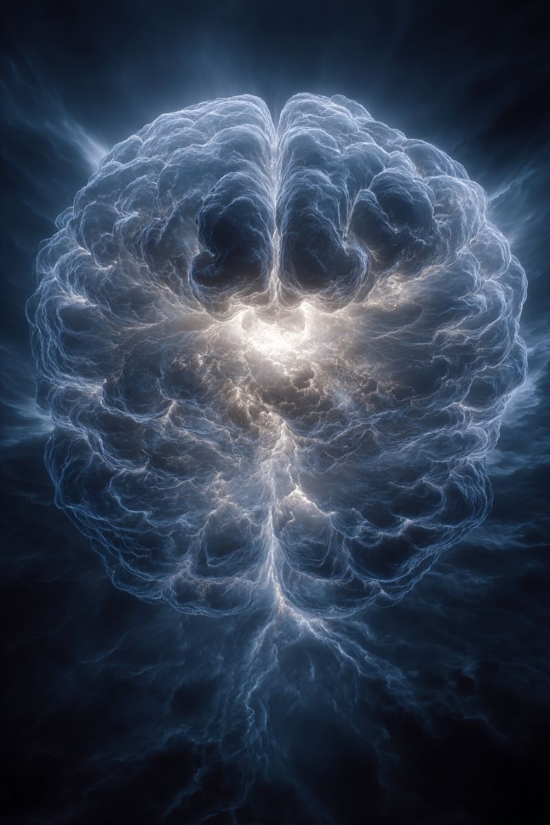 Brain neurons synapses cerebrum cerebellum brainstem thalamus hypothalamus pons midbrain nervous system matter gray cerebral cortex limbic basal gangl stylized, abstract representation of a human brain. The brain is shown in a vibrant blue and white color scheme, with swirling, cloud-like textures that give it a dynamic and somewhat ethereal appearance. The brain is centrally located and appears to be floating in a dark blue space, with light emanating from within it, creating a glowing effect. The light source seems to be coming from the center of the brain, casting a soft glow on the surrounding areas. The brain's surface is textured with intricate, wave-like patterns that suggest movement and energy. The overall effect is one of a brain in a state of heightened activity or thought, with the swirling textures and glowing light creating a sense of depth and complexity.
