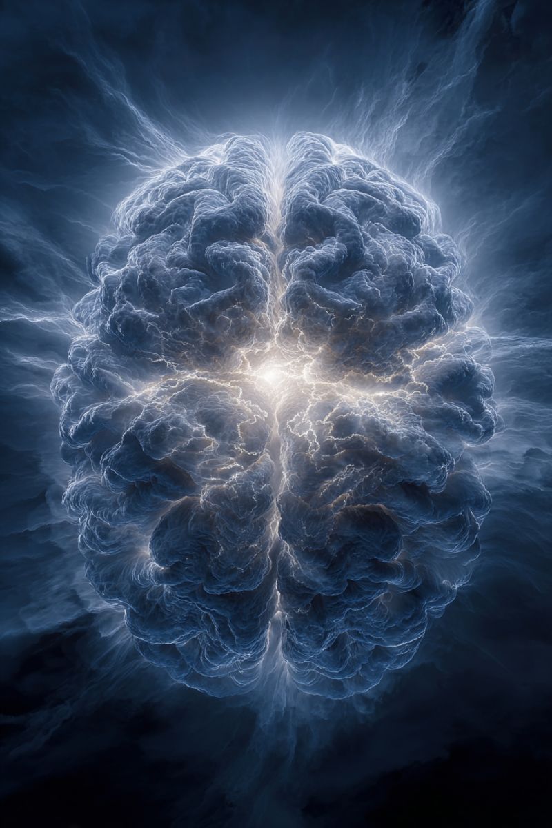 Brain cloud lightning storm sky dark electricity power energy stylized, abstract representation of a human brain. The brain is shown in shades of blue and white, with a glowing effect that suggests movement or energy. The brain is centrally located and appears to be floating in a dark blue background. The brain's structure is highly detailed, with visible folds and ridges that mimic the natural texture of a brain. A bright light emanates from the center of the brain, casting a soft glow around it and creating a sense of depth and dimension. The overall effect is both scientific and artistic, blending the complexity of the brain with a sense of ethereal beauty.
