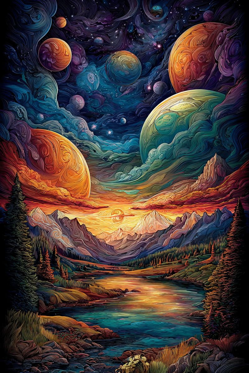Space planets mountains lake trees sky sunset stars clouds water rocks grass forest hills valley reflection colorful imagination surreal landscape blending elements of nature and space. In the foreground, there is a serene lake with gentle ripples reflecting the sky. The lake is surrounded by rocky terrain and patches of grass. To the left, there are tall, dark trees, while on the right, there are more trees and a small hill. The sky is a vibrant mix of colors, transitioning from deep purples and blues at the top to warm oranges and yellows near the horizon, suggesting a sunset or sunrise. Above the landscape, there are several planets and moons floating in space, each with swirling patterns and a mix of colors, including shades of orange, yellow, green, and purple. The planets are depicted with intricate, almost organic textures, adding to the dreamlike quality of the scene.
