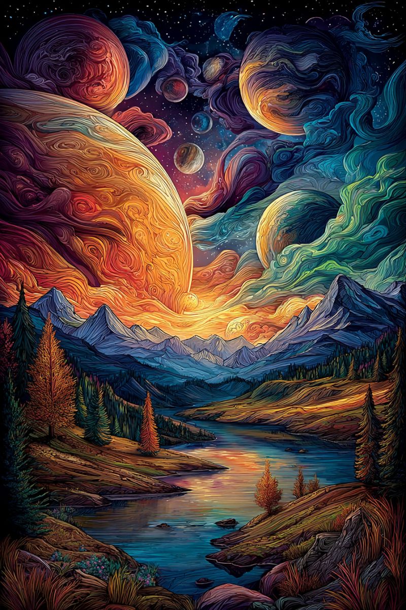 Planets space mountains lake trees sky sunset stars clouds water rocks forest hills valley reflection painting imagination surreal landscape with a vibrant sky filled with swirling clouds and celestial bodies. In the foreground, there is a serene lake reflecting the colors of the sunset, with trees and mountains surrounding it. The mountains are painted in shades of blue and purple, adding to the mystical atmosphere. The sky is a blend of warm sunset hues and cool night tones, with planets and moons scattered throughout, each with unique and intricate designs. The overall scene is a harmonious blend of natural and fantastical elements, creating a dreamlike quality.