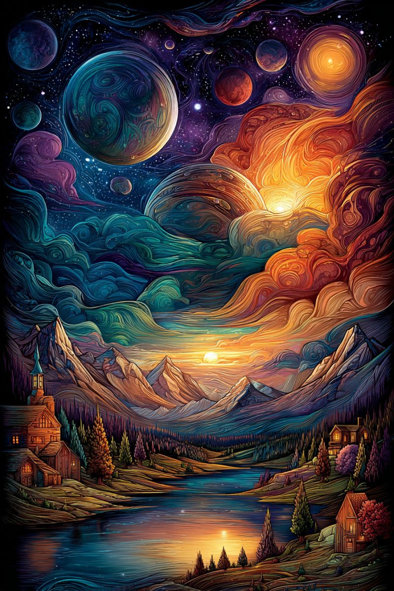 Mountains lake house trees sky planets stars clouds sun sunset painting nature space universe colorful fantasy surreal landscape blending elements of nature and space. In the foreground, there is a serene lake reflecting the vibrant colors of the sunset. The water is calm, with gentle ripples. On the left side of the lake, there is a small village with a few houses, one of which has a distinctive tower. The houses are nestled among trees and shrubs, adding to the peaceful atmosphere. In the middle ground, there are rolling hills and mountains, their peaks bathed in the warm glow of the setting sun. The sky above is a stunning mix of colors, transitioning from deep blues and purples to warm oranges and yellows. Floating in the sky are several planets and moons, each with unique textures and colors, adding a fantastical element to the scene. The overall mood is one of tranquility and wonder, as if the viewer is witnessing a magical moment where the natural world meets the cosmos.