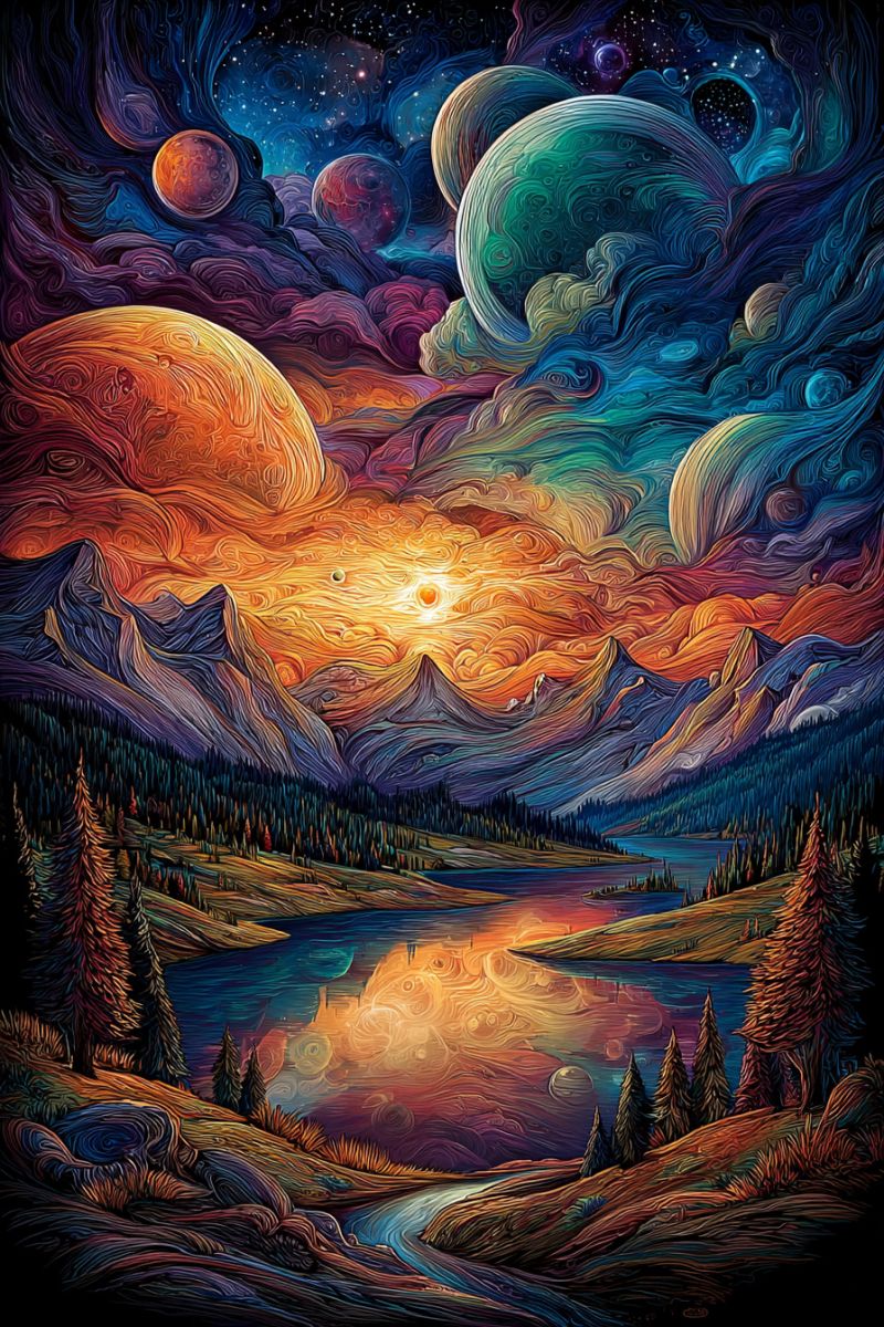 Montagnes lac ciel planetes soleil arbres eau reflet nuit etoiles nuages imagination fantaisie espace La peinture dépeint un paysage surréaliste avec un ciel vibrant rempli de nuages tourbillonnants et de corps célestes. Le ciel passe des bleus et violets profonds aux oranges et jaunes chauds, suggérant un coucher ou lever de soleil. Plusieurs planètes et lunes sont dispersées dans le ciel, chacune avec des textures et des couleurs uniques. Sous le ciel, un lac serein reflète les couleurs du ciel et des corps célestes. Le lac est entouré d'arbres verts luxuriants et de montagnes en arrière-plan. Les montagnes sont peintes avec un mélange de bleus et de violets, ajoutant à l'atmosphère mystique. L'avant-plan présente un petit ruisseau se jetant dans le lac, avec plus d'arbres et de plantes bordant le rivage. La scène globale est un mélange d'éléments naturels et fantastiques, créant une qualité onirique.