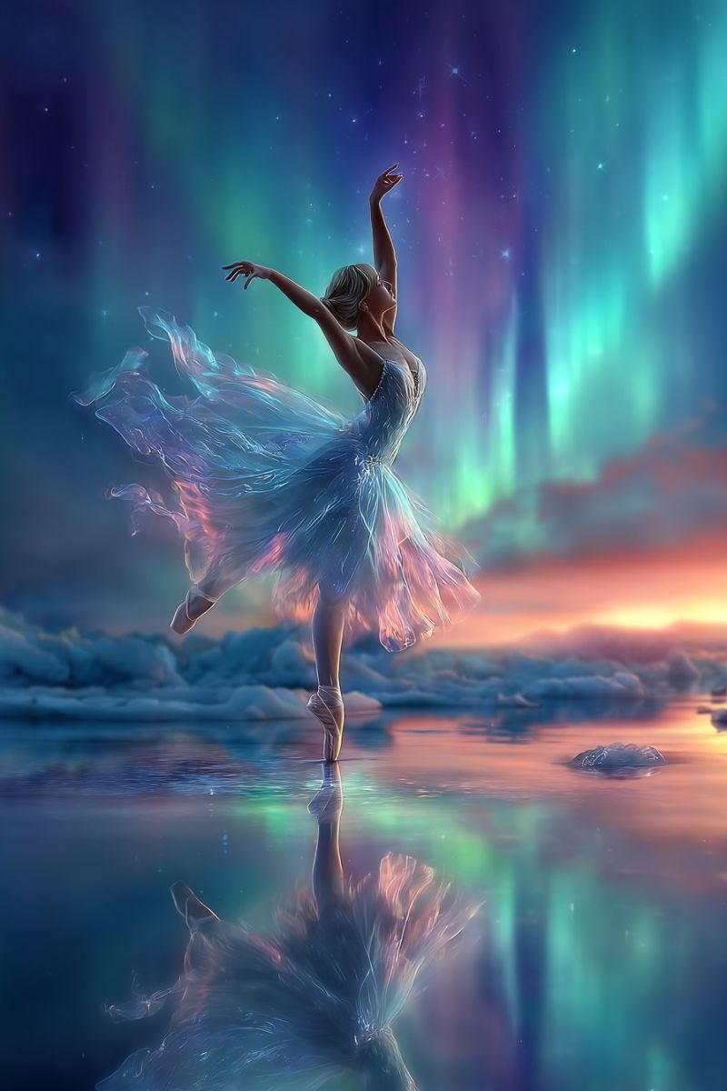 Ballet ballerina dance performance stage A ballerina is gracefully performing a ballet pose on a calm, reflective surface, possibly a lake or sea. She is dressed in a white tutu and ballet shoes, with her arms and legs elegantly extended. Her hair is tied back, and she appears to be looking up at the sky. The background features a stunning aurora borealis with vibrant green and purple hues, creating a magical and ethereal atmosphere. The sky is a deep blue, dotted with stars, and the water reflects the colors of the aurora, adding to the enchanting scene.