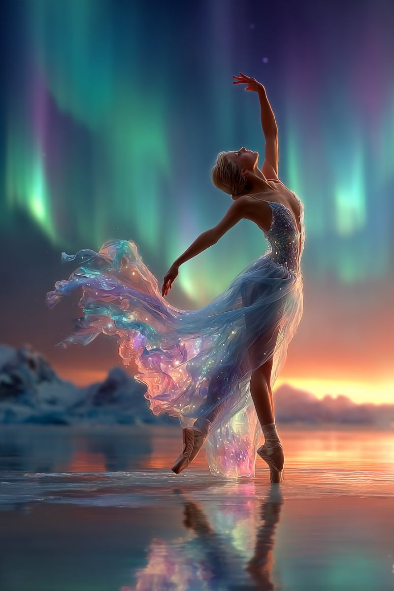 Ballet dancer performance water reflection dress shoes grace fantasy imagination movement expression beauty aurora borealis night sky A woman in a ballet costume is dancing gracefully on a frozen lake under a sky filled with the Northern Lights. Her dress is shimmering with shades of blue, pink, and green, and her hair is flowing in the wind. She is in a ballet pose with one leg extended and the other bent, and her arms are raised above her head. The sky is a mix of purple, blue, and green, and the lights are dancing in the sky. In the distance, there are mountains covered in snow.