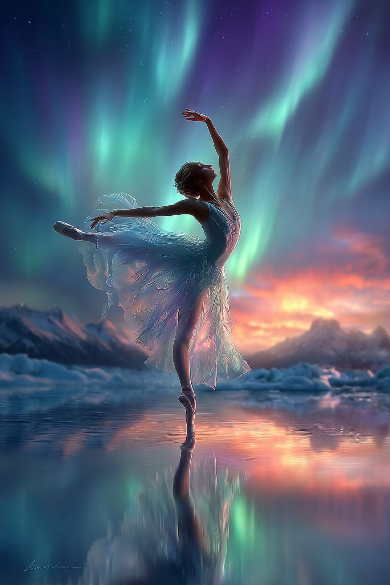 Ballet ballerine performance grace expression eau reflexion montagnes coucher soleil fantaisie imagination aurore boreale nordique nuit ciel Une ballerine se tient gracieusement sur une seule jambe, les bras levés au-dessus de sa tête, et son corps légèrement penché en avant. Elle porte un tutu blanc et des chaussures de ballet, ses cheveux attachés en arrière. La scène se déroule sur fond d'un paysage glacé et serein avec des montagnes au loin. Le ciel au-dessus est d'un bleu profond, avec des aurores vertes et violettes vibrantes qui dansent à travers lui. L'eau en dessous reflète le ciel et la danseuse, créant une image miroir de sa pose. L'image capture un moment de beauté éthérée et de tranquillité.