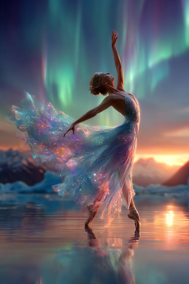 Ballet danseur performance eau reflet montagnes coucher soleil robe grace fantaisie beaute aurore boreale nuit ciel Une femme danse gracieusement sur un plan d'eau calme, peut-être un lac ou une mer, sous un ciel vibrant rempli d'Aurores Boréales. Elle porte une robe fluide et translucide qui scintille de nuances de bleu, rose et vert, reflétant les couleurs de l'aurore. Ses cheveux flottent librement, et elle est en pose de ballet avec un bras levé et l'autre étendu sur le côté. L'eau sous elle reflète les couleurs du ciel et de sa robe, créant une atmosphère magique et éthérée. En arrière-plan, il y a des montagnes et un soleil couchant, ajoutant à la scène sereine et enchanteresse.