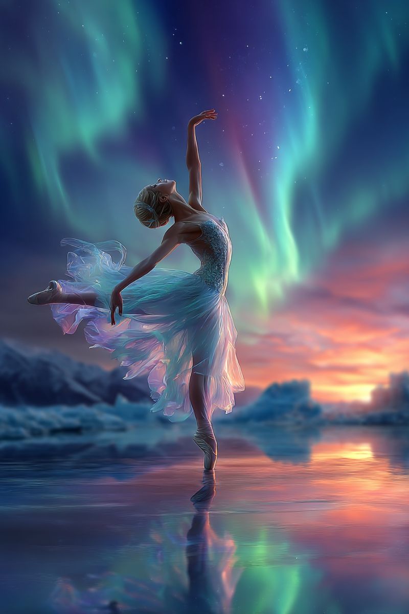Ballet ballerine performance mise machiniste eclairage design gestion production direction equipe manager technicien designer Une ballerine exécute une pose de ballet gracieuse sur un lac gelé sous un ciel rempli d'Aurores Boréales. Elle porte un tutu blanc et un corsage assorti, avec ses cheveux attachés en arrière. Le ciel est d'un bleu profond avec des teintes vertes et violettes vibrantes de l'aurore boréale. L'eau reflète les lumières et sa silhouette, créant une scène magique. En arrière-plan, il y a des formations de glace et une chaîne de montagnes lointaine.
