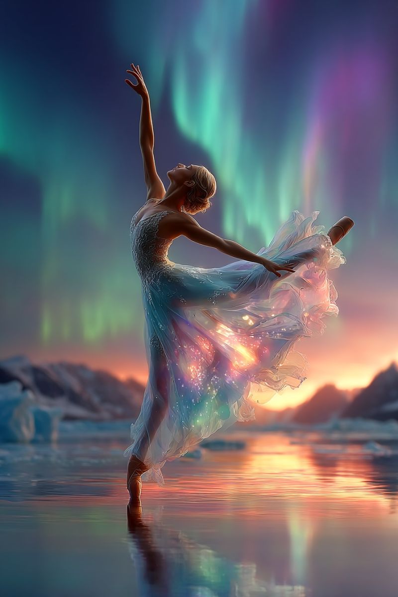 Ballet dancer performance water reflection dress mountains ice sunset fantasy magic beauty grace movement aurora borealis night sky A woman in a flowing white dress with a shimmering effect is performing a ballet dance on a beach at sunset. She is in a graceful pose with one leg extended and the other bent, her arms raised. The dress has a sparkling effect, and her hair is tied back. The background features a stunning sunset with vibrant colors of orange, pink, and purple. In the distance, there is a silhouette of a mountain range, and the sky is filled with the Northern Lights, creating a magical and ethereal atmosphere.