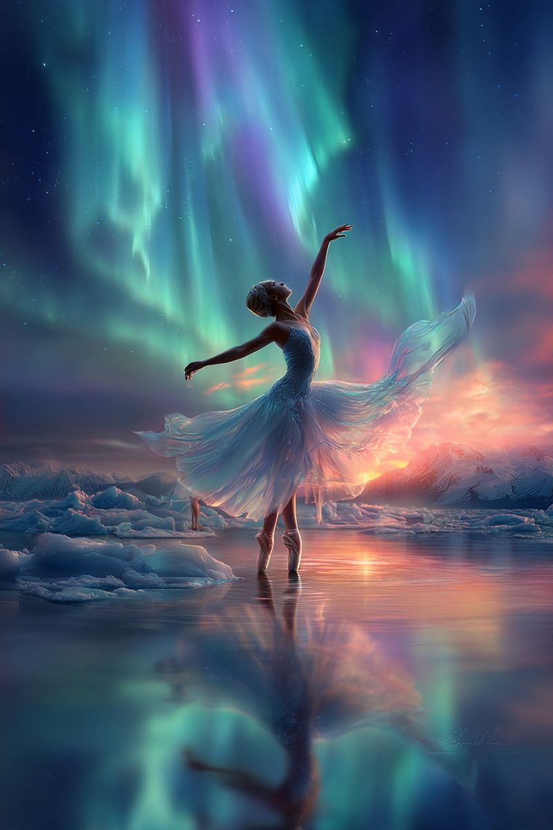 Ballet ballerina dance performance A ballerina stands gracefully on a frozen lake, her arms extended and her body slightly bent, as if in mid-dance. She wears a white tutu and ballet shoes, her hair flowing behind her. The sky above is a stunning display of the aurora borealis, with vibrant colors of green, purple, and blue. The horizon is painted with the warm hues of a setting sun, reflecting off the water and the ice. In the background, there are distant mountains, and the scene is set against a back of icy terrain.