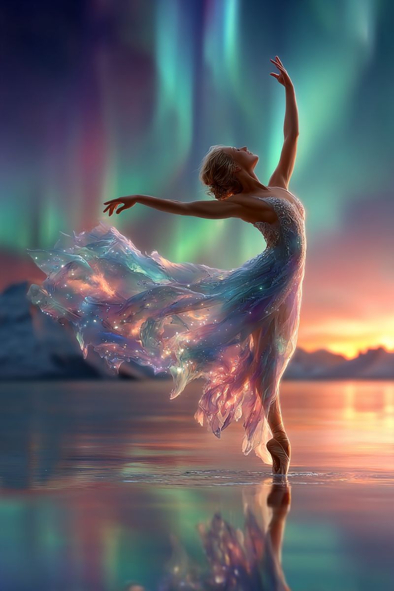 Ballet dancer performance grace elegance movement expression creativity inspiration beauty water reflection fantasy imagination dream aurora sky A woman is dancing gracefully on a calm body of water, her arms and legs extended in a ballet pose. She wears a shimmering, translucent dress that flows around her, reflecting the colors of the aurora borealis above. The sky is a mix of deep blues, purples, and greens, with the aurora's lights dancing across it. The water mirrors her image and the sky, creating a serene and magical scene. In the background, there are silhouettes of mountains, adding to the tranquil and mystical atmosphere.