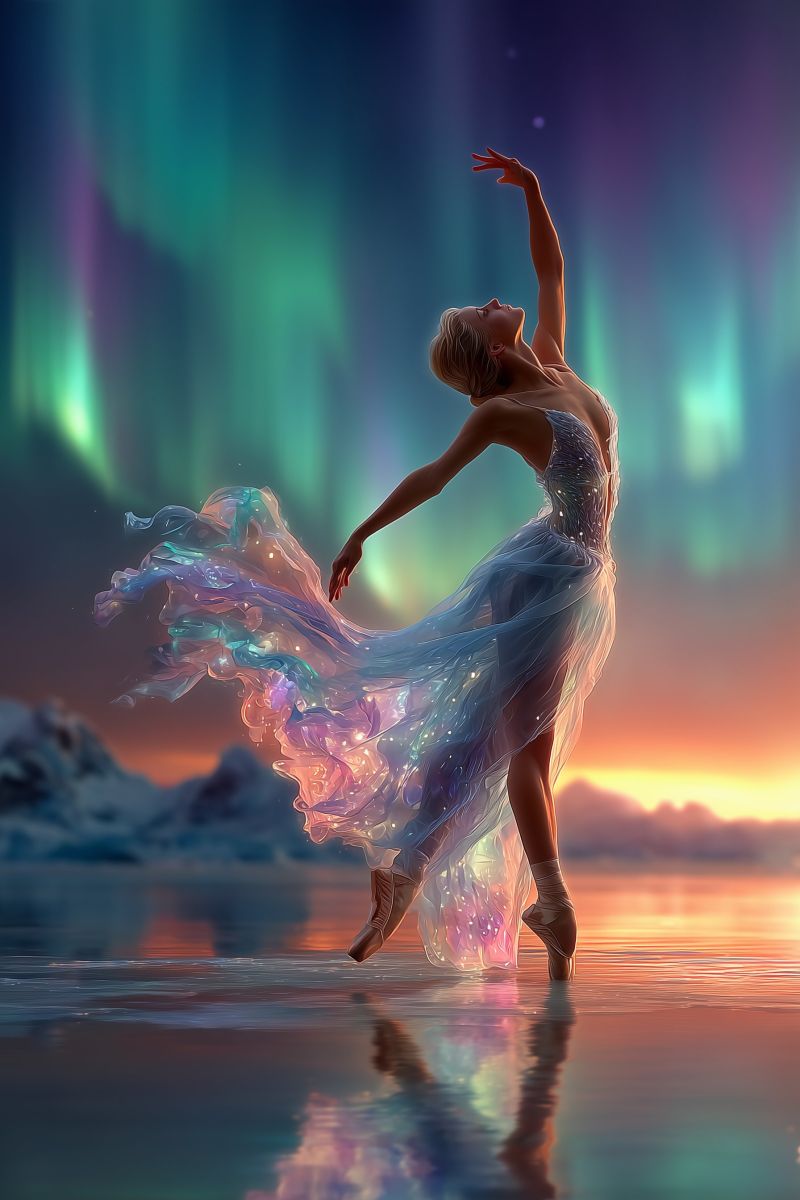 Ballet dancer performance water reflection dress shoes grace fantasy colorful movement imagination aurora borealis night sky A woman in a flowing blue dress with a shimmering effect is dancing gracefully on a beach at night. Her hair is tied back, and she is in a ballet pose with one leg extended and the other bent. The dress has a sparkling effect, and her shadow is reflected on the water. The sky is filled with the Northern Lights, and the water is calm. In the distance, there are mountains and a silhouette of a tree.