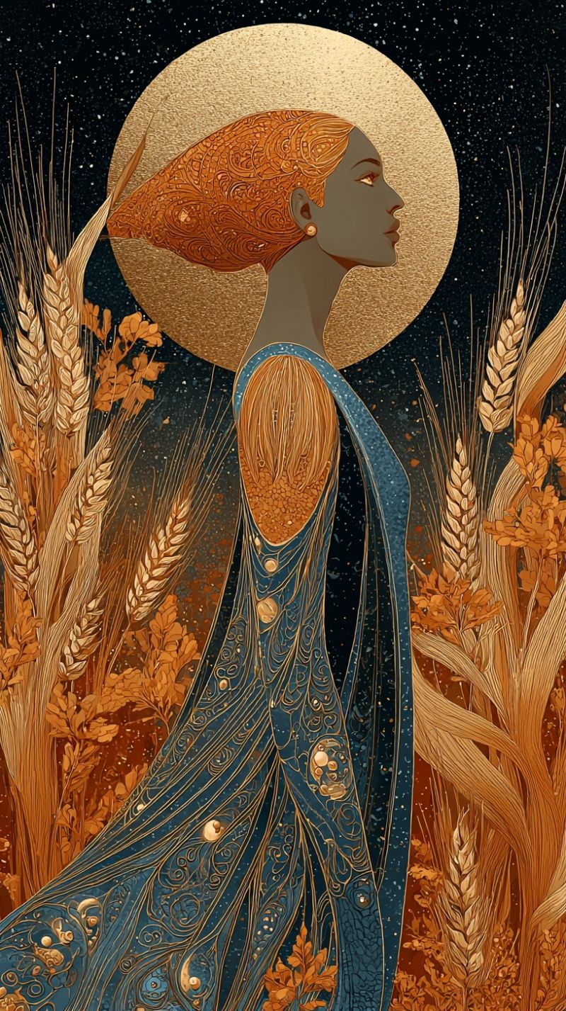 Woman wheat night sky moon dress earring profile gold pattern texture shadow autumn nature fantasy A woman stands in a field of golden wheat under a night sky. She wears a blue dress adorned with intricate golden patterns, and her hair is styled in a golden, ornate updo. Her face is turned to the side, and she appears to be gazing into the distance. Behind her, a large golden circle, possibly representing the sun or a celestial body, is set against a dark, starry sky. The wheat and other plants around her sway gently, adding to the serene and mystical atmosphere of the scene.