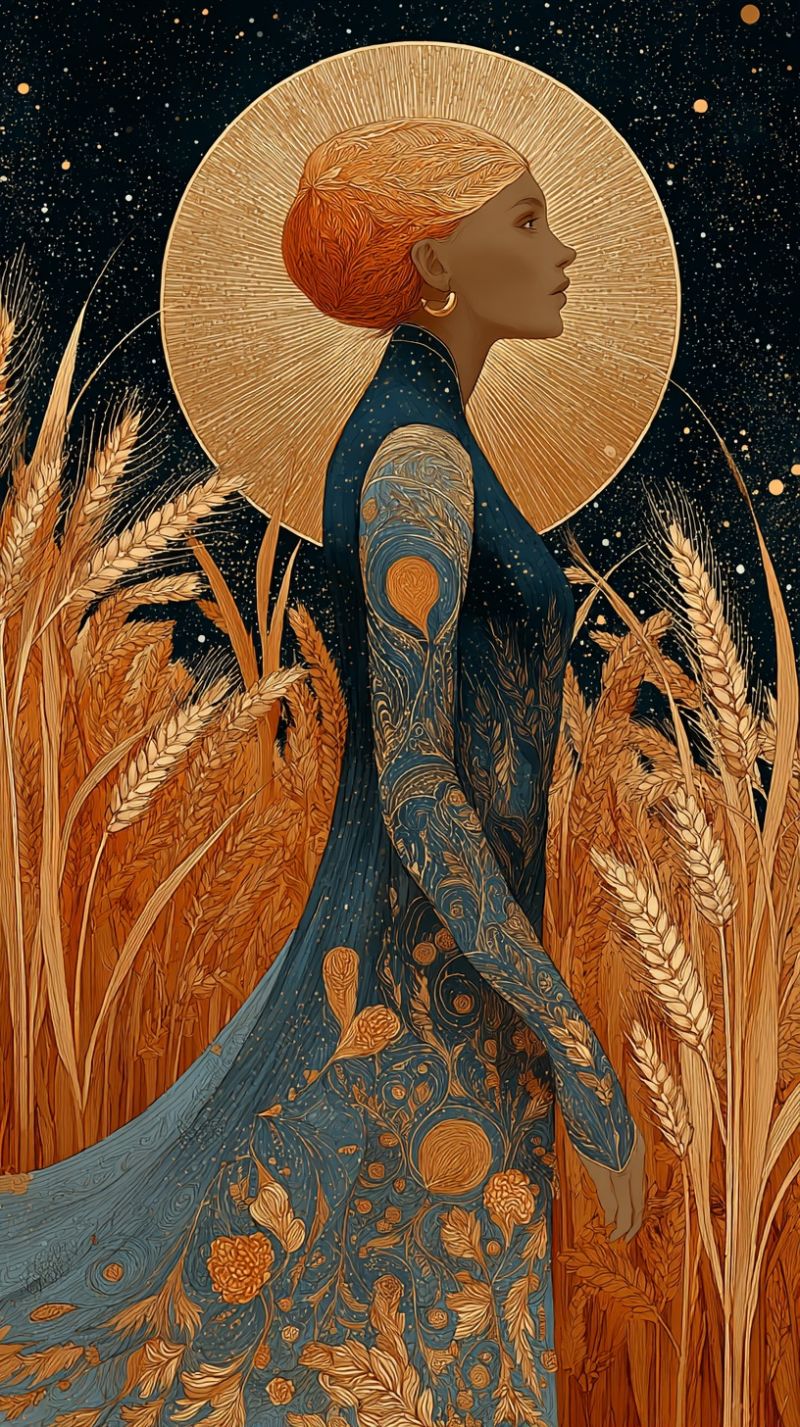 Woman wheat dress night sky sun flowers earrings hairstyle hairband A woman stands in a field of golden wheat under a night sky filled with stars. She wears a flowing blue dress adorned with intricate golden patterns, including flowers and spirals. Her hair is styled in a bun, and she wears golden earrings. Behind her, a large golden halo glows, casting a warm light on her and the wheat. The wheat sways gently, and the sky is dark with scattered stars.