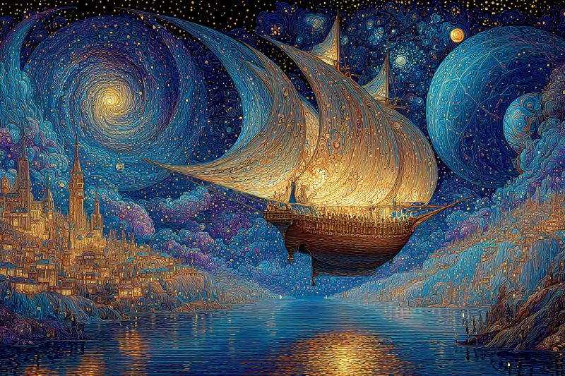 Navire nuit ciel ville chateau eau fantaisie espace univers etoiles lune architecture imagination reve merveille exploration Un grand navire à voile flotte au-dessus d'une ville et d'un plan d'eau. Le navire a des voiles dorées et une coque dorée, avec des gens sur le pont. La ville en dessous est illuminée par des lumières chaudes, avec de grands bâtiments et une structure ressemblant à un château. Le ciel est d'un bleu profond avec des motifs tourbillonnants et des étoiles, et il y a deux grandes sphères bleues en arrière-plan. L'eau sous le navire est calme et reflète les lumières de la ville et du navire.