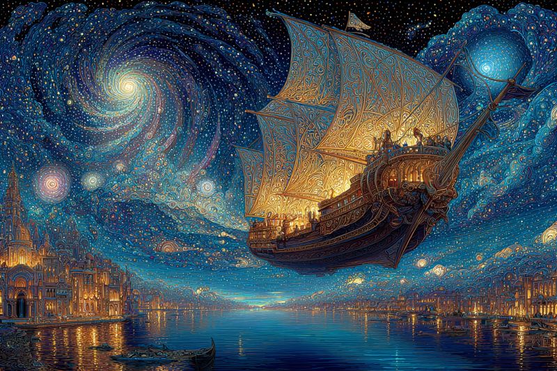 Ship night sky city stars water boat building sail lamp reflection bridge sailboat sails lamps sailboats In the center of the image, a large, ornate sailing ship floats gracefully in the night sky, its sails billowing with intricate golden patterns. The ship is illuminated from within, casting a warm glow that contrasts with the cool, starry backdrop. The sky is a deep blue, dotted with swirling galaxies and sparkling stars, creating a mesmerizing celestial scene. Below the ship, a city skyline is visible, with buildings adorned with golden lights, reflecting off the calm, dark waters of a river. The river stretches out, with small boats and reflections adding to the serene atmosphere. The overall scene is a blend of fantasy and reality, with the ship appearing to defy the laws of physics, floating above the city and water.