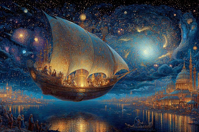 Nuit ciel bateau ville gens eau batiment architecture pont etoiles lune nuages reflet lampe dome tour fantaisie Un grand dirigeable orné flotte au-dessus d'une ville sereine, éclairée par la lune. Le vaisseau est paré de motifs dorés complexes et de voiles, et il transporte plusieurs personnes qui contemplent le ciel nocturne. En dessous, la ville est illuminée par des lumières chaudes et dorées, avec des bâtiments dotés de dômes et de flèches. L'eau est calme, reflétant les lumières de la ville et du dirigeable. Le ciel est d'un bleu profond, parsemé d'étoiles et d'une lune brillante, créant une atmosphère magique et fantastique.