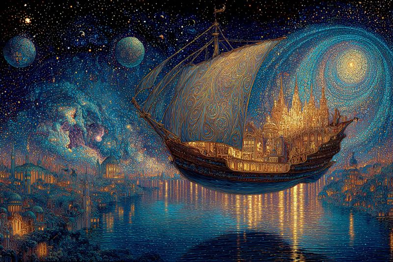 Ship castle sky night stars planets universe fantasy painting imagination dreams space architecture golden glow reflection water A large, ornate ship floats above a serene body of water, illuminated by golden lights. The ship features a golden hull adorned with intricate patterns and a tall mast with a flag. The ship's sails are billowing, and it appears to be floating above a city with numerous buildings, some with domes and spires. The sky is a deep blue, filled with stars and a bright moon, creating a magical and fantastical atmosphere.