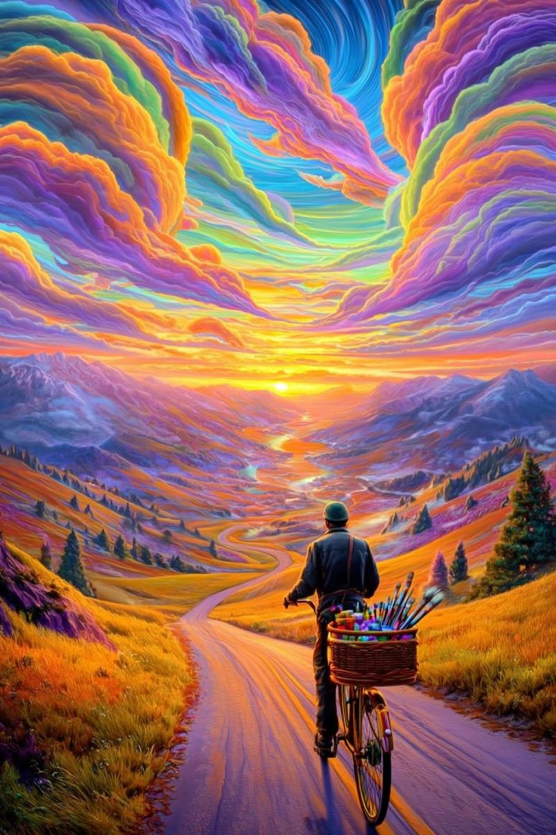 Painting man bicycle basket brushes road mountains sky clouds sunset grass trees hills valley river colorful imagination dream A man rides a bicycle on a winding road through a vibrant, colorful landscape. The sky above is a swirling mix of orange, yellow, and purple hues, suggesting a sunset or sunrise. The road is flanked by tall grasses and trees, with mountains in the distance. The man wears a hat and carries a basket filled with paintbrushes and paint cans, indicating he might be an artist. The scene is lively and full of movement, with the colors blending seamlessly into each other.