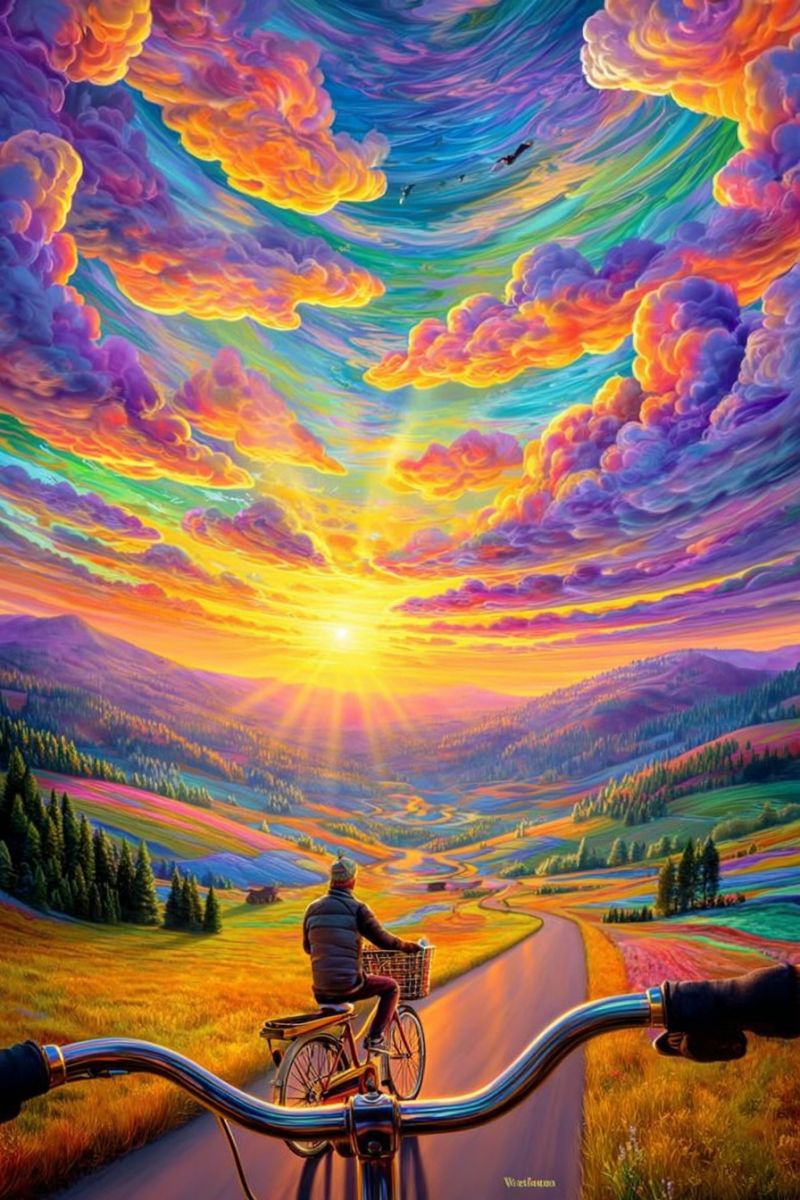 Painting bicycle cyclist road mountain sky clouds sun sunlight trees grass flowers house valley hill colorful imagination dream An elderly man rides a bicycle on a winding road through a vibrant, colorful landscape. The sky above is a swirling mix of purples, blues, yellows, and oranges, resembling a sunset or sunrise. The sun is setting or rising, casting a warm glow over the scene. The road is flanked by lush, multicolored fields and trees, with mountains in the distance. The man wears a hat and a jacket, and there is a basket attached to the front of the bicycle. The painting has a surreal, dreamlike quality.