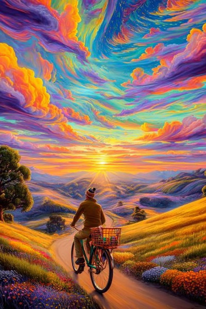 Painting bicycle cyclist road flowers hills sky clouds sun trees mountains valley meadow basket hat jacket shoes pedals A man rides a bicycle on a winding road through a vibrant landscape. The road is surrounded by lush, colorful fields of flowers and trees. The sky above is a stunning blend of purples, blues, and yellows, with a setting sun casting a warm glow. The man wears a beanie and a long-sleeved shirt, and there is a basket attached to the front of the bicycle. The scene is set in a picturesque valley with hills in the background.