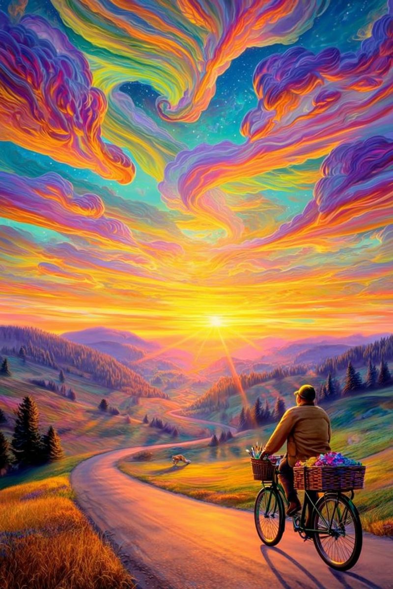 Painting road cyclist bicycle basket flowers mountains trees sky sun clouds nature outdoors travel adventure An adult man rides a bicycle on a winding road surrounded by lush greenery. The sky above is a vibrant mix of orange, yellow, and purple hues, suggesting a sunset or sunrise. The man wears a hat and has a basket filled with colorful flowers in front of him. The road is flanked by trees and hills, and in the distance, a small animal, possibly a dog, runs along the path. The scene is bathed in a warm, golden light, creating a serene and picturesque atmosphere.