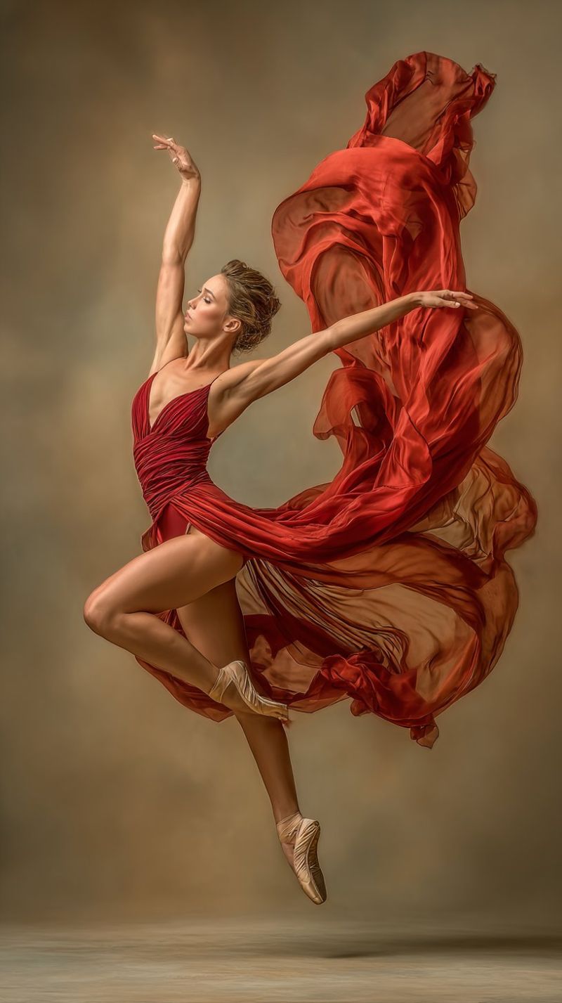 Ballet danseur performance grace expression emotion beaute creativite flexibilite force passion inspiration imagination culture tradition esthetique Une femme est capturée en plein vol dans une pose de ballet gracieuse. Elle porte une robe rouge profond qui flotte dramatiquement autour d'elle, contrastant avec sa peau pâle. Ses bras sont étendus vers l'extérieur, et ses jambes sont pliées aux genoux, avec un pied pointé et l'autre étendu derrière elle. Son visage est légèrement tourné sur le côté, et ses cheveux flottent librement. Le fond est d'une couleur douce et neutre, offrant un contraste saisissant avec le rouge vif de sa robe.
